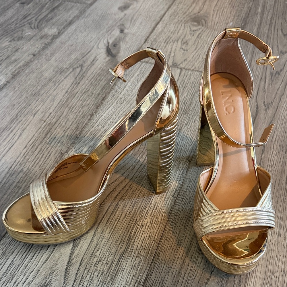 INC International Concepts Metallic Gold Block Heel Sandals